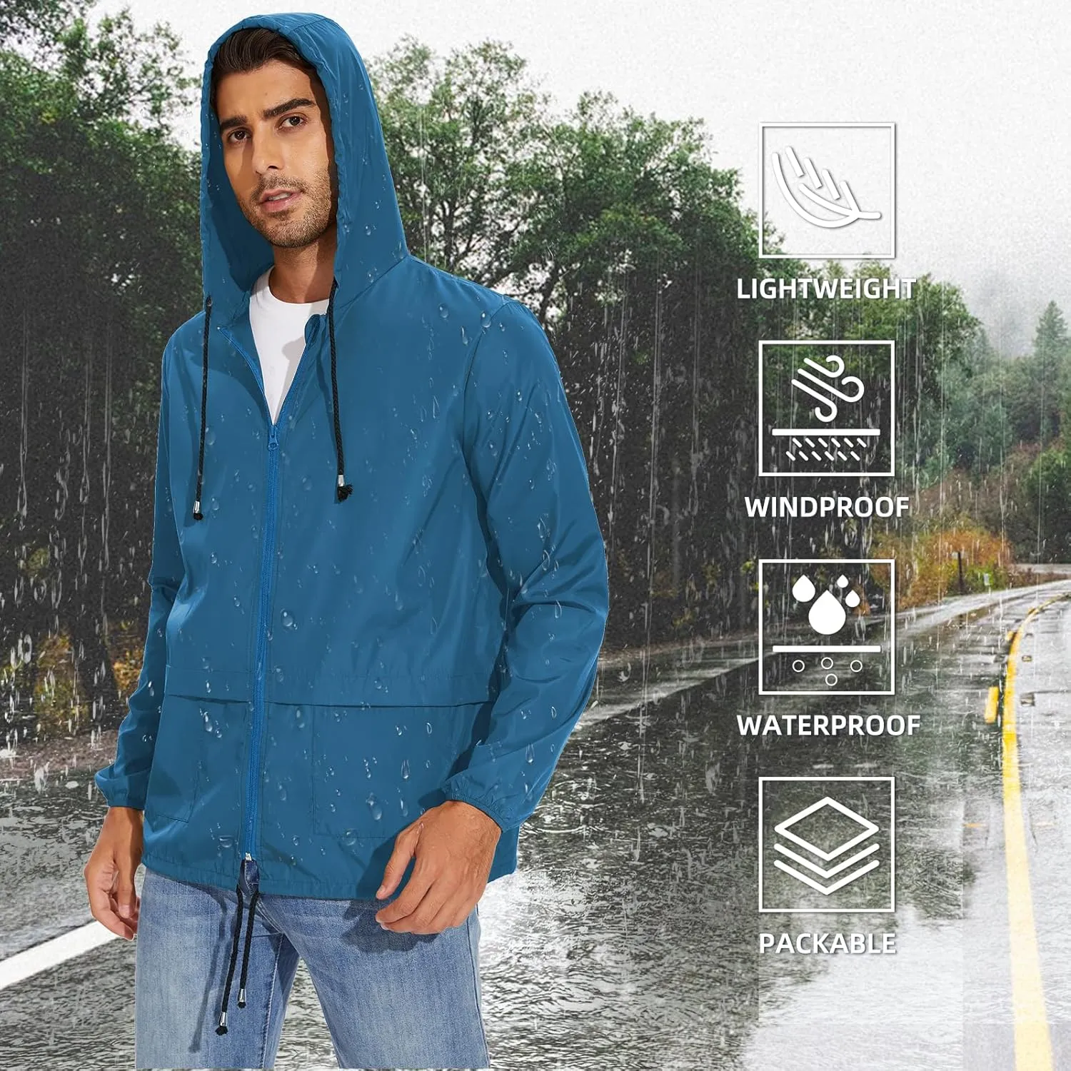 American Trends Raincoat for Men Waterproof with Hood Mens Rain Jacket Windbreaker Jackets Rain Coat