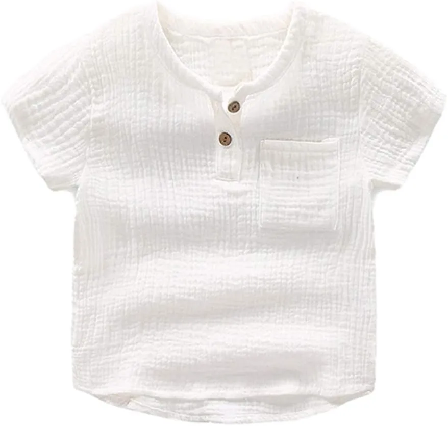 Ashmyova Boys Cotton Linen Shirt Toddler Boys Pocket Button Short Sleeve T Shirt Tees Tops