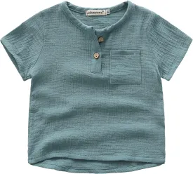 Ashmyova Boys Cotton Linen Shirt Toddler Boys Pocket Button Short Sleeve T Shirt Tees Tops