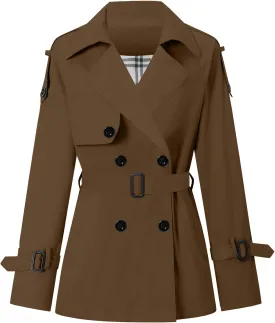 Betusline Women's Double Breasted Short Trench Coat with Belt