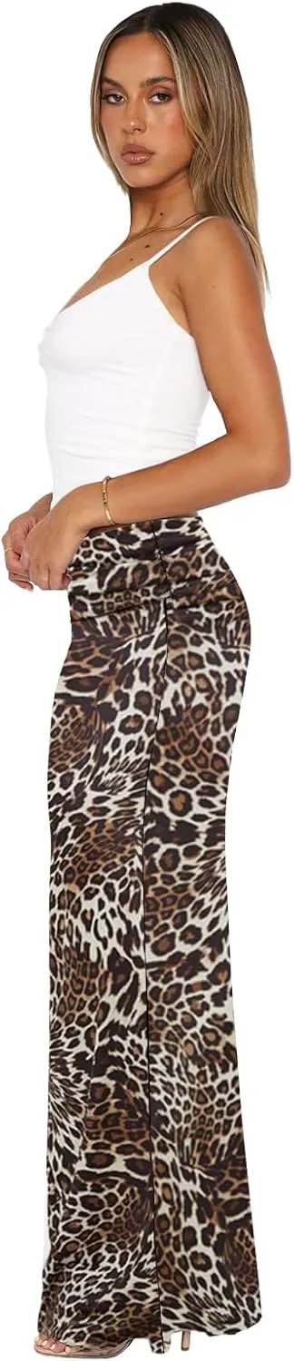 Bodycon Maxi Skirts for Women, Foldover High Waist Floral Leopard Cheetah Print Sexy Club Long Y2k Skirt