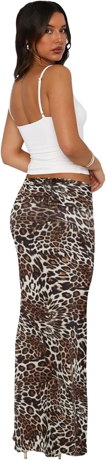 Bodycon Maxi Skirts for Women, Foldover High Waist Floral Leopard Cheetah Print Sexy Club Long Y2k Skirt