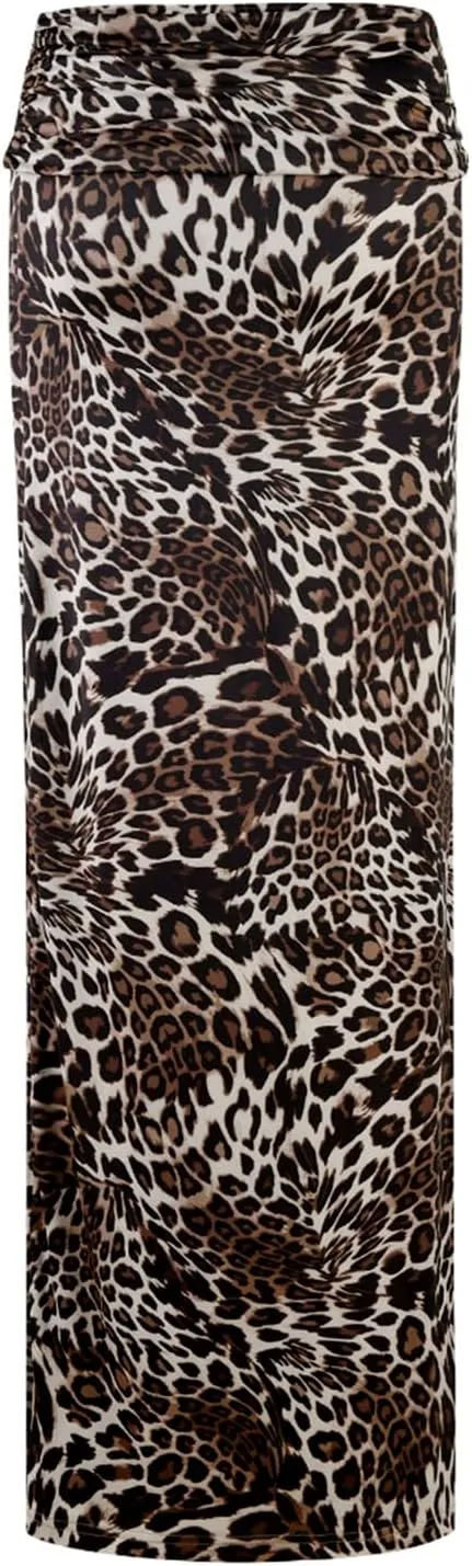 Bodycon Maxi Skirts for Women, Foldover High Waist Floral Leopard Cheetah Print Sexy Club Long Y2k Skirt