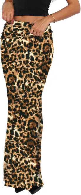 Bodycon Maxi Skirts for Women, Foldover High Waist Floral Leopard Cheetah Print Sexy Club Long Y2k Skirt