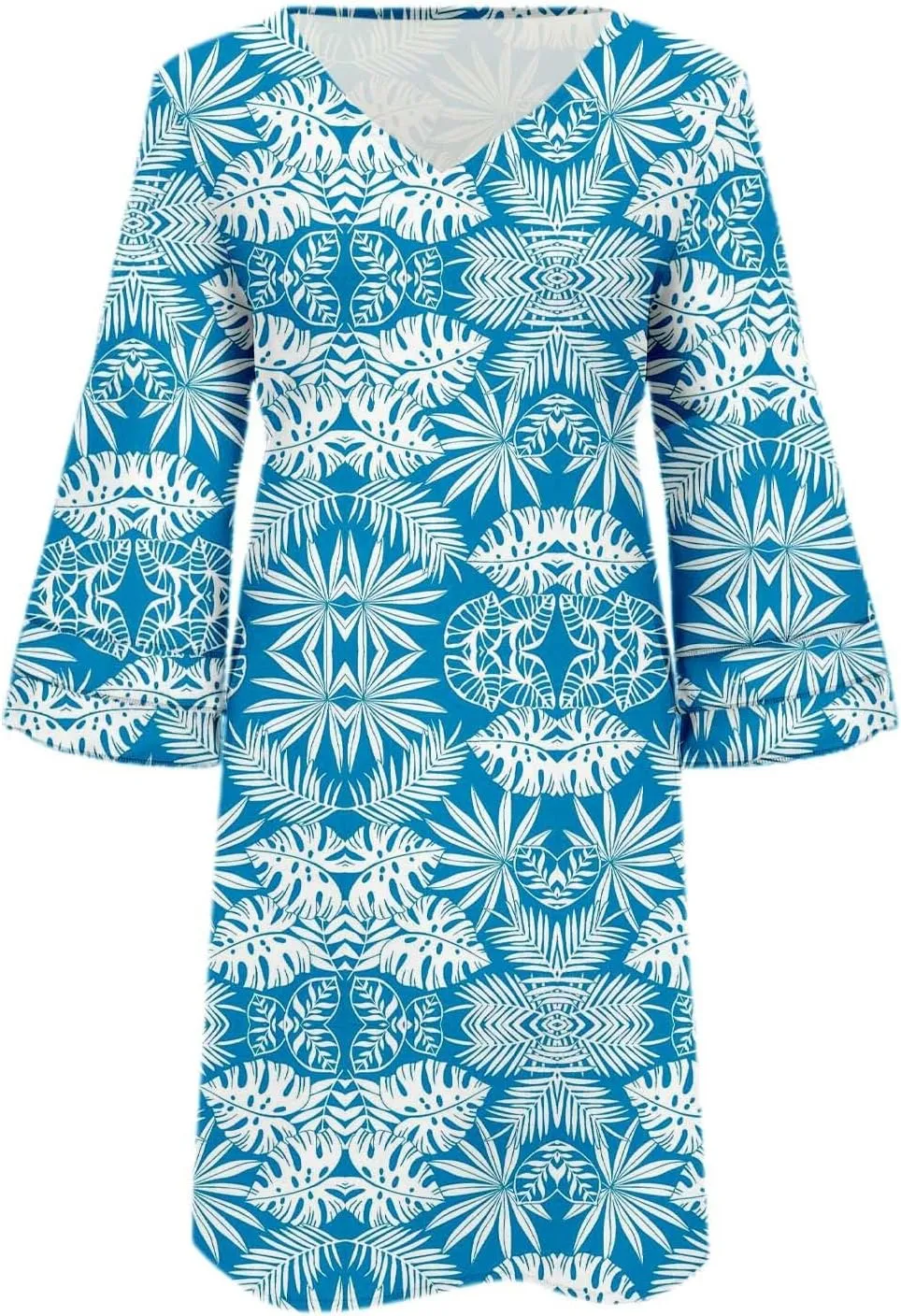 Boho Floral Mini Dress for Women | V Neck 3/4 Bell Sleeve Summer Dress, Flowy Loose Beach Dresses with Casual Chic Style