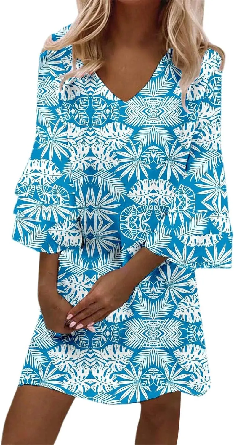 Boho Floral Mini Dress for Women | V Neck 3/4 Bell Sleeve Summer Dress, Flowy Loose Beach Dresses with Casual Chic Style