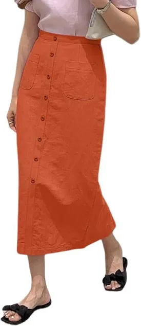 CHARTOU Women Summer Linen Skirt High Waist Button Front Long Pencil Skirt