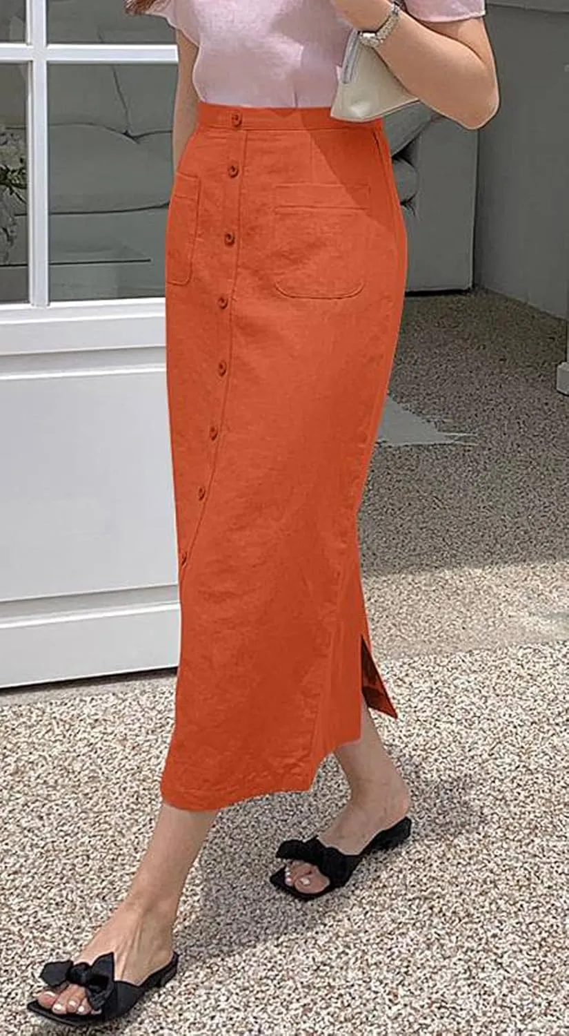 CHARTOU Women Summer Linen Skirt High Waist Button Front Long Pencil Skirt