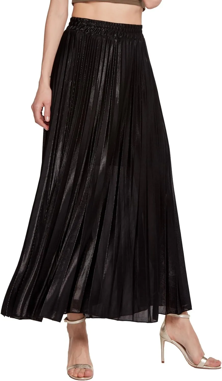 CHARTOU Women's Premium Metallic Shiny Shimmer Accordion Pleated Long Maxi Skirt