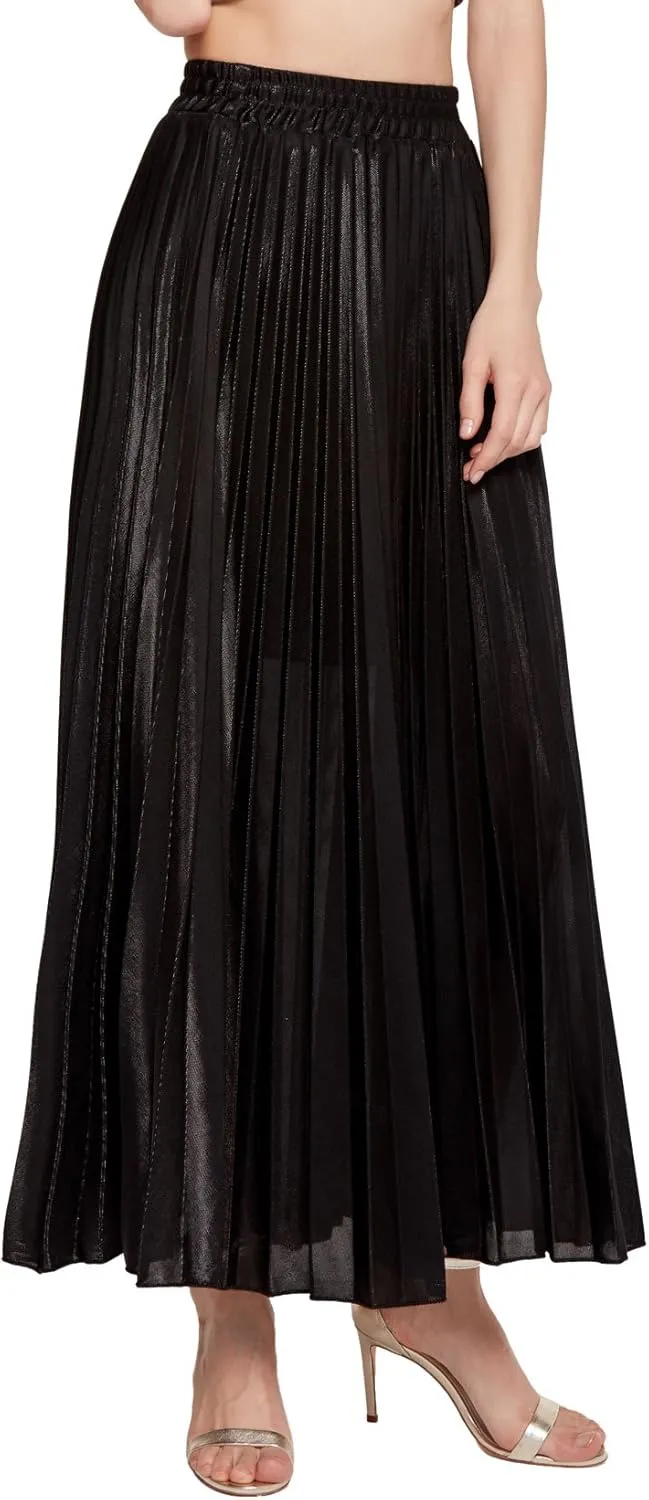 CHARTOU Women's Premium Metallic Shiny Shimmer Accordion Pleated Long Maxi Skirt