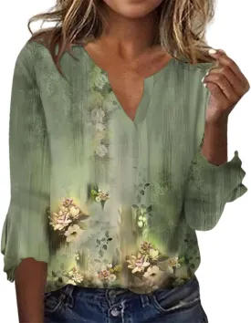 ChicCrate Womens Basic Dressy Casual T-Shirts Notch V Neck Petal 3/4 Sleeve Tops Loose Comfy Tunic Work Tops Blouse