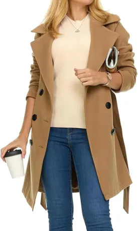 chouyatou Women's Winter Double Breasted Wool Coat Notch Collared Wool Blend Trench Pea Coat with Belt