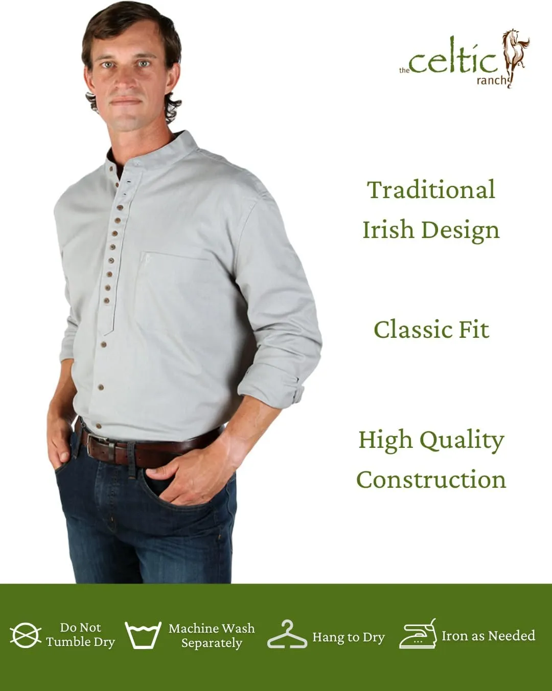 Collarless Shirt for Men, Irish Grandfather Cotton Linen Long Sleeve Button Down Banded Collar Dress Shirt