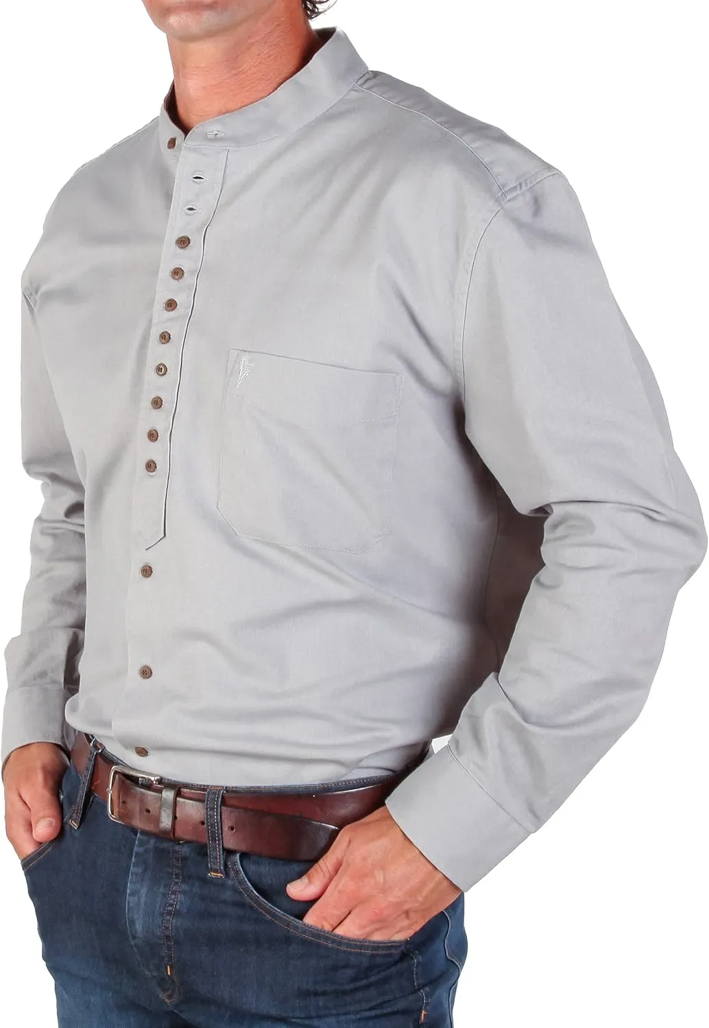 Collarless Shirt for Men, Irish Grandfather Cotton Linen Long Sleeve Button Down Banded Collar Dress Shirt