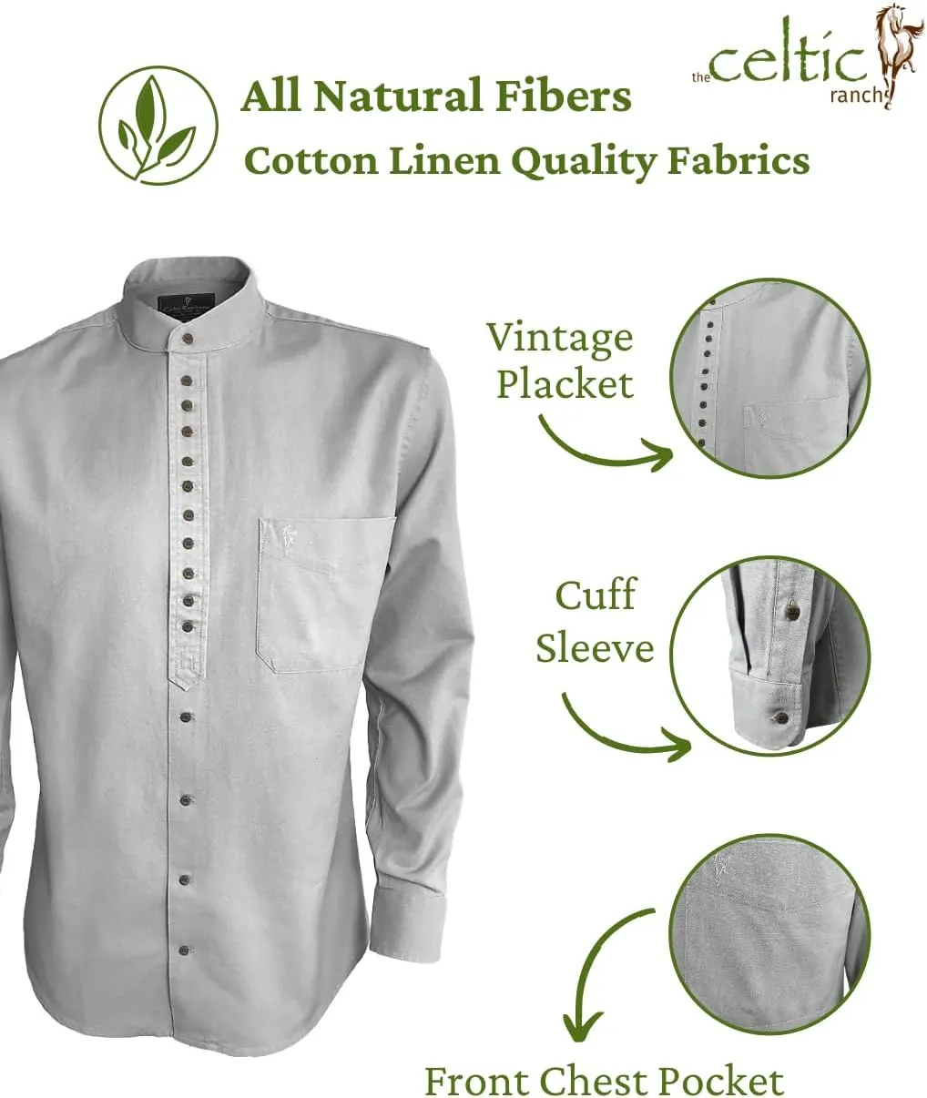 Collarless Shirt for Men, Irish Grandfather Cotton Linen Long Sleeve Button Down Banded Collar Dress Shirt