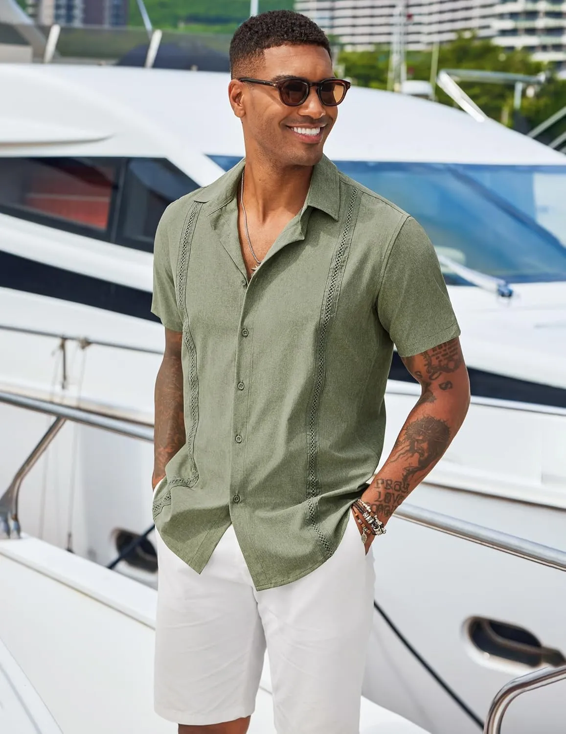 COOFANDY Men's Cuban Guayabera Shirts Casual Short Sleeve Button Down Shirt Summer Beach Vacation Shirt