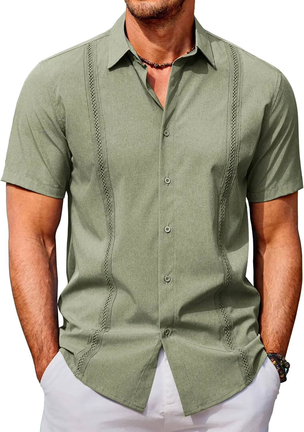 COOFANDY Men's Cuban Guayabera Shirts Casual Short Sleeve Button Down Shirt Summer Beach Vacation Shirt