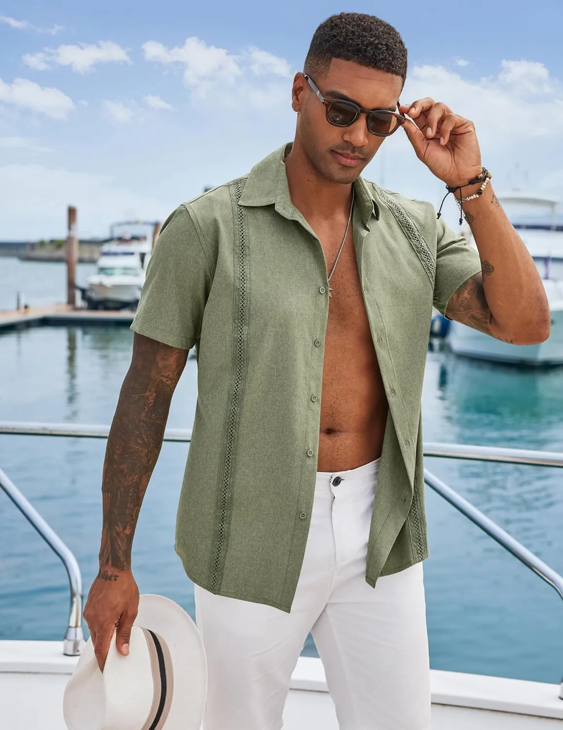 COOFANDY Men's Cuban Guayabera Shirts Casual Short Sleeve Button Down Shirt Summer Beach Vacation Shirt