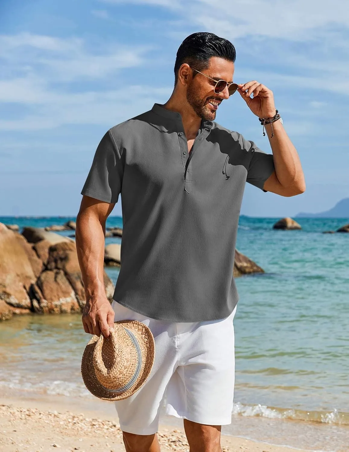 COOFANDY Men's Henley Shirt Short Sleeve Casual T-Shirt Summer Beach Hippie Henley Tee Shirt