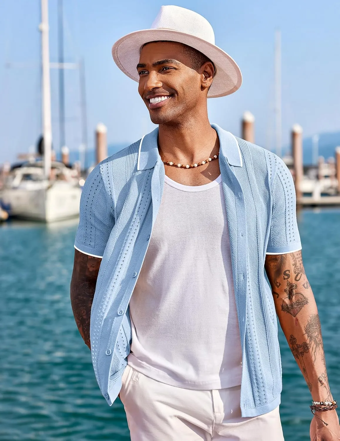 COOFANDY Men's Knit Shirts Short Sleeve Button Down Polo Shirt Fashion Casual Summer Beach Shirts