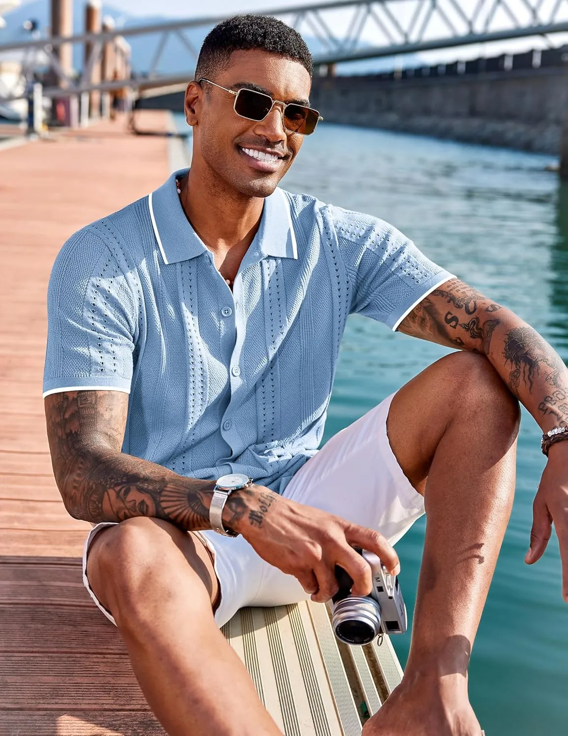 COOFANDY Men's Knit Shirts Short Sleeve Button Down Polo Shirt Fashion Casual Summer Beach Shirts