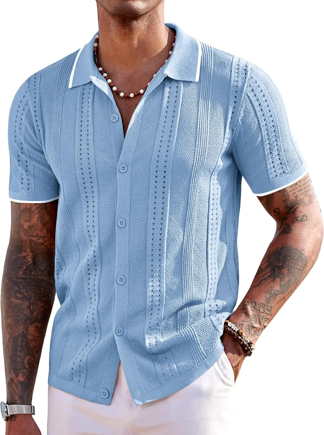 COOFANDY Men's Knit Shirts Short Sleeve Button Down Polo Shirt Fashion Casual Summer Beach Shirts