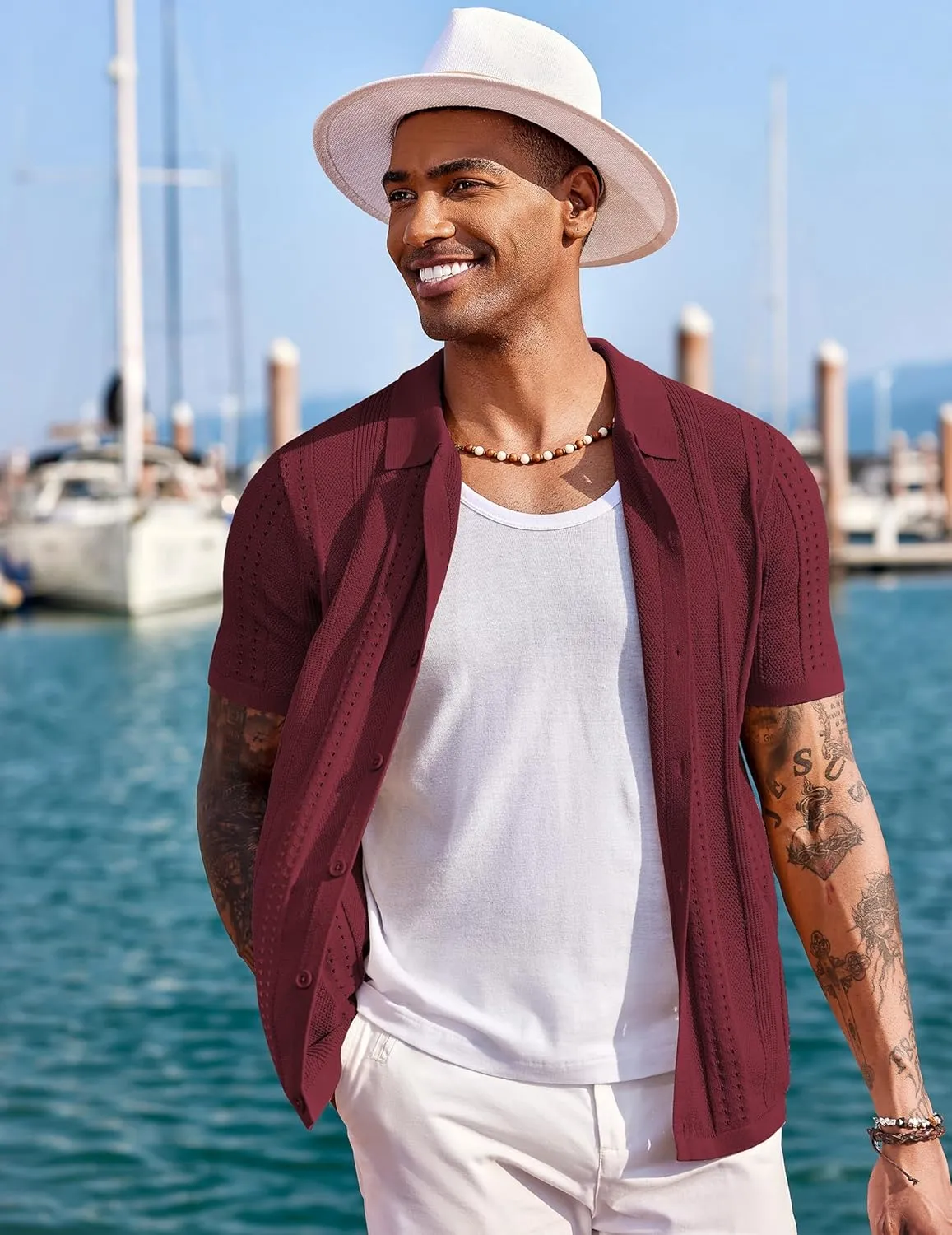 COOFANDY Men's Knit Shirts Short Sleeve Button Down Polo Shirt Fashion Casual Summer Beach Shirts