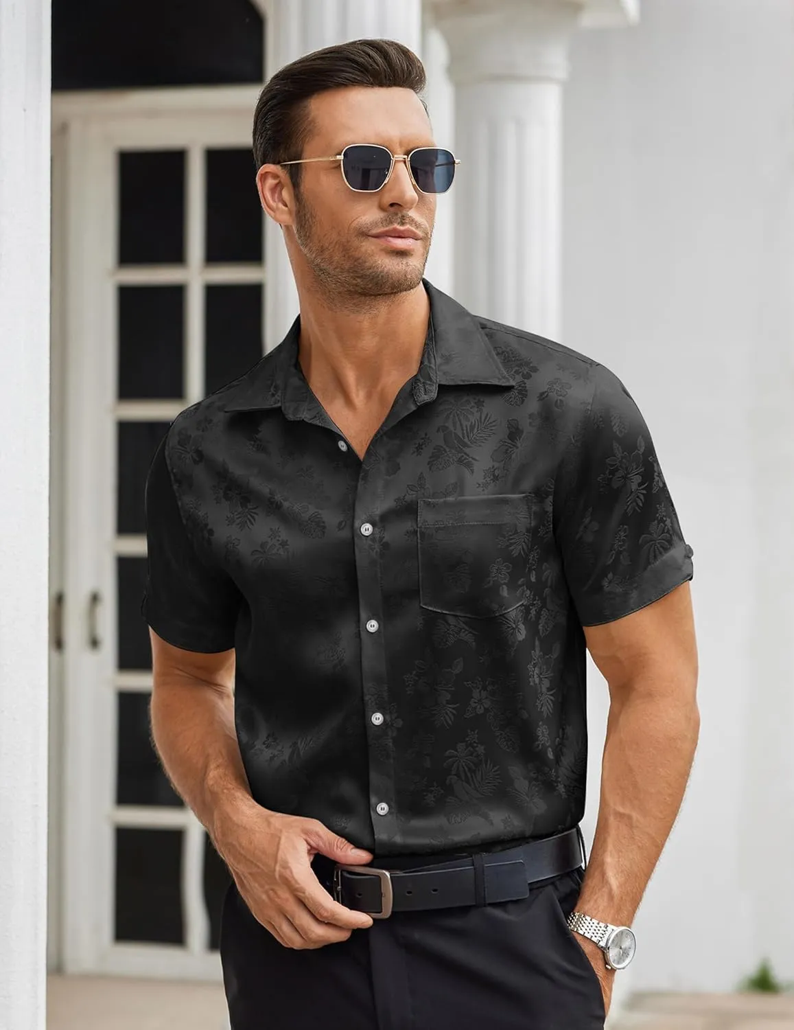 COOFANDY Mens Silk Button Down Short Sleeve Shirt Satin Dress Shirts Summer Beach Wedding Shirt