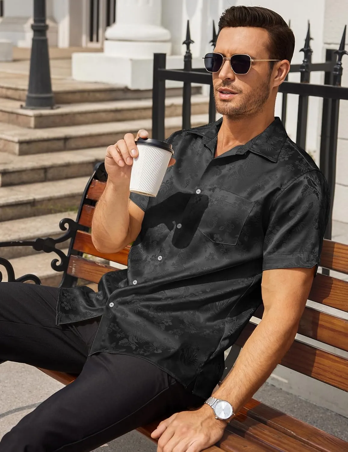 COOFANDY Mens Silk Button Down Short Sleeve Shirt Satin Dress Shirts Summer Beach Wedding Shirt