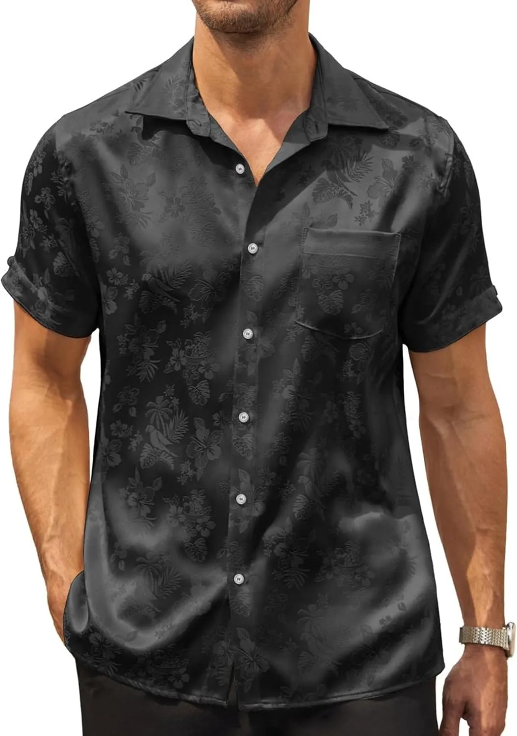 COOFANDY Mens Silk Button Down Short Sleeve Shirt Satin Dress Shirts Summer Beach Wedding Shirt