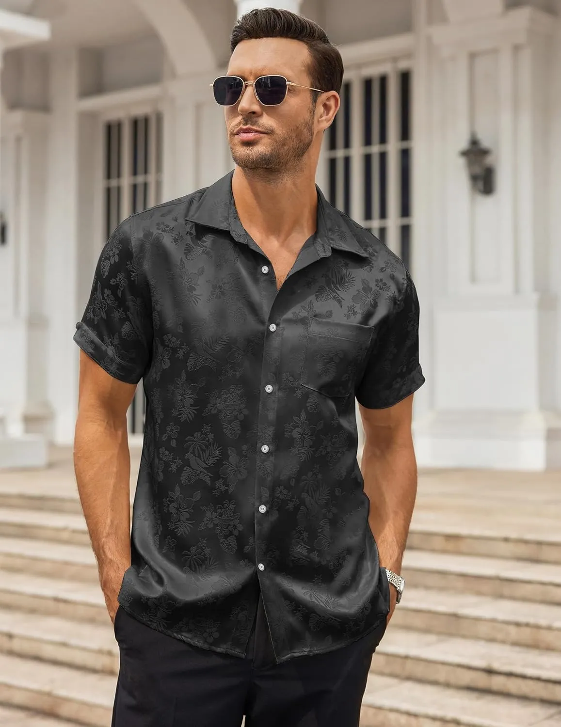 COOFANDY Mens Silk Button Down Short Sleeve Shirt Satin Dress Shirts Summer Beach Wedding Shirt