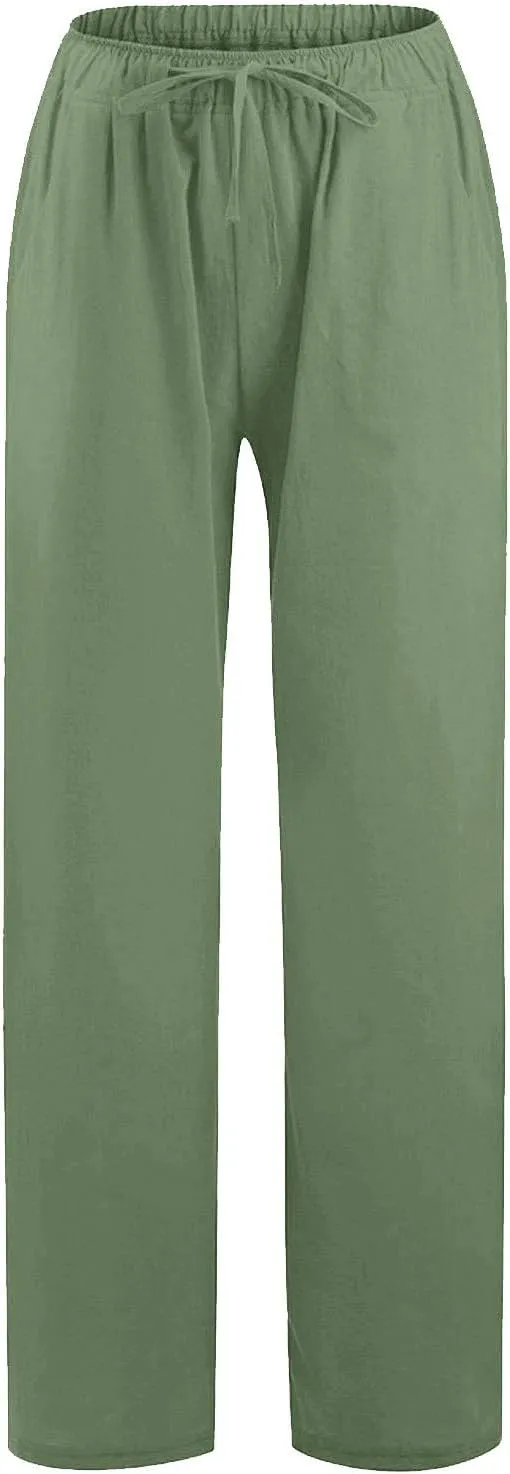 Cotton Linen Pants for Women Summer Drawstring High Waisted Palazzo Pants Casual Wide Leg Yoga Pants with Pockets