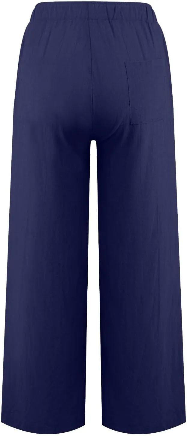 Cotton Linen Pants for Women Summer Drawstring High Waisted Palazzo Pants Casual Wide Leg Yoga Pants with Pockets