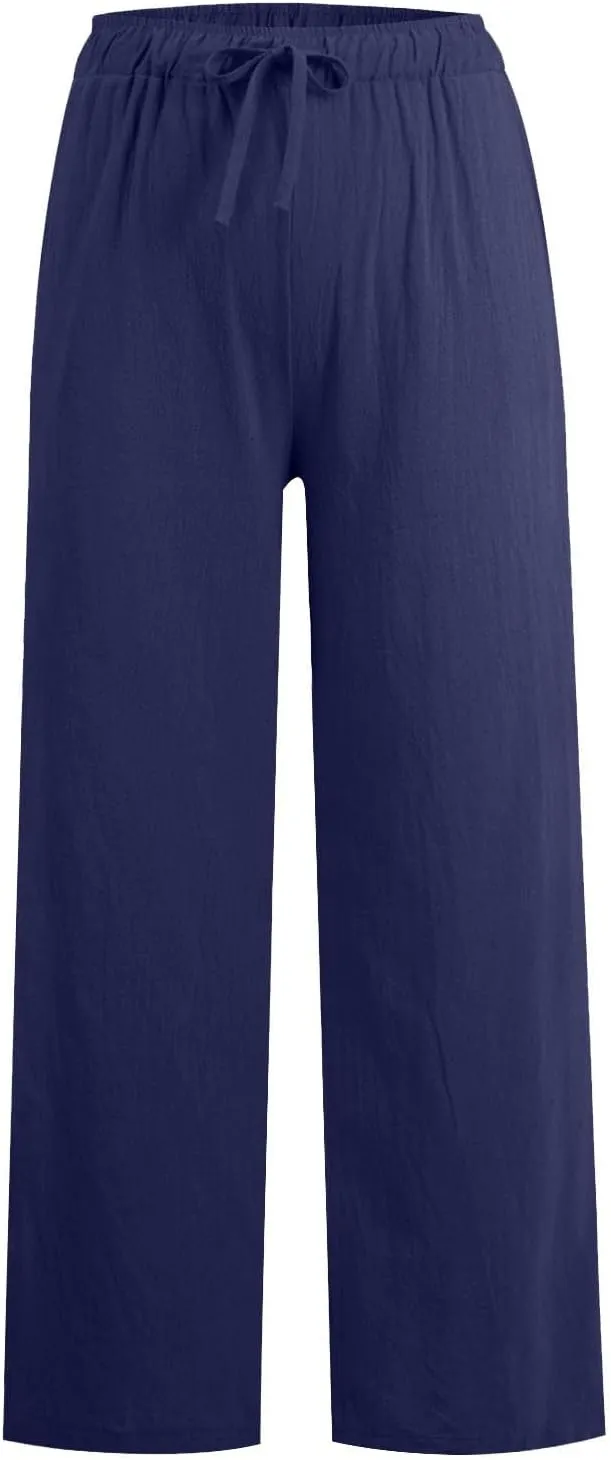 Cotton Linen Pants for Women Summer Drawstring High Waisted Palazzo Pants Casual Wide Leg Yoga Pants with Pockets
