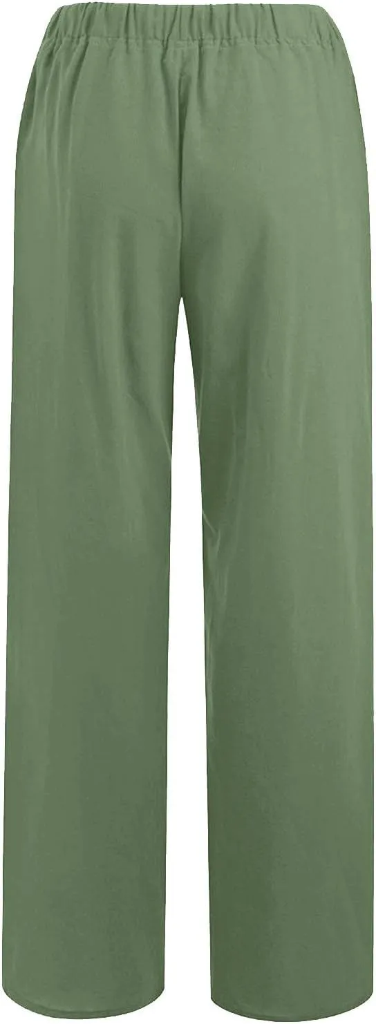Cotton Linen Pants for Women Summer Drawstring High Waisted Palazzo Pants Casual Wide Leg Yoga Pants with Pockets