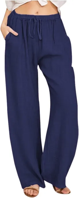 Cotton Linen Pants for Women Summer Drawstring High Waisted Palazzo Pants Casual Wide Leg Yoga Pants with Pockets