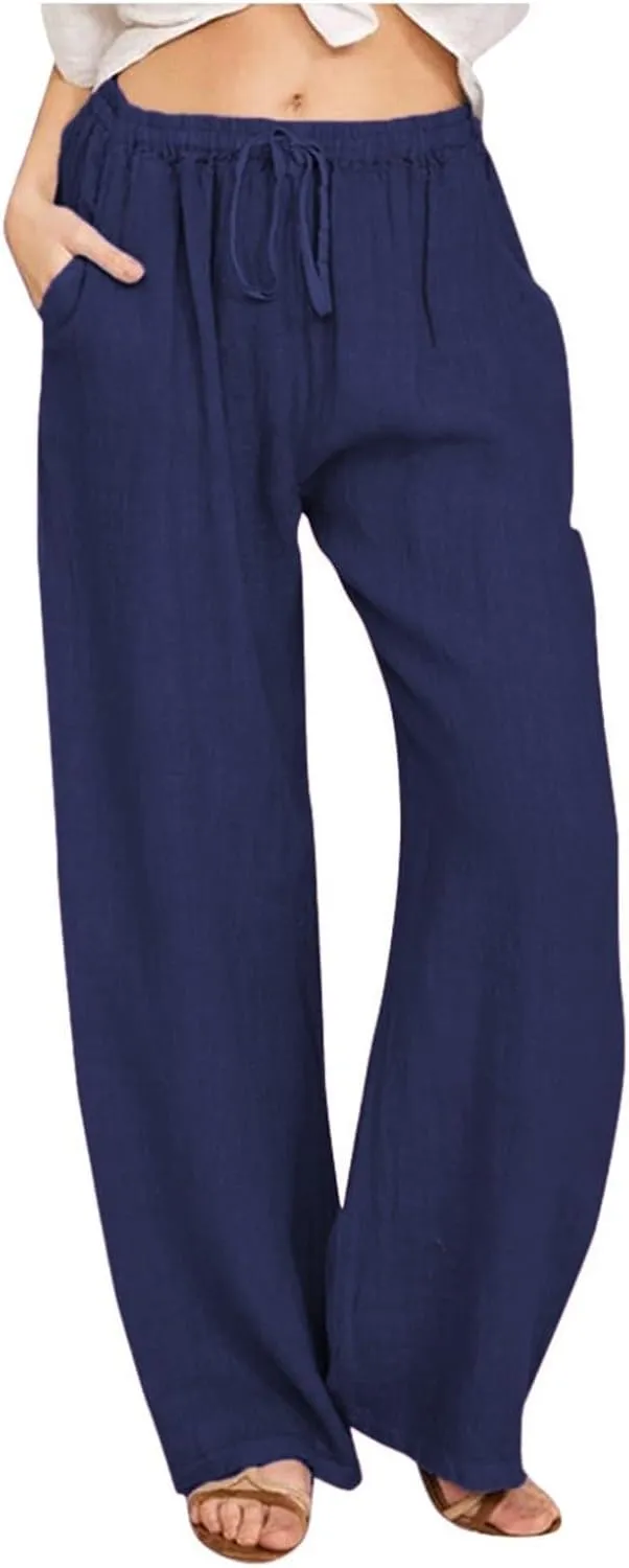 Cotton Linen Pants for Women Summer Drawstring High Waisted Palazzo Pants Casual Wide Leg Yoga Pants with Pockets