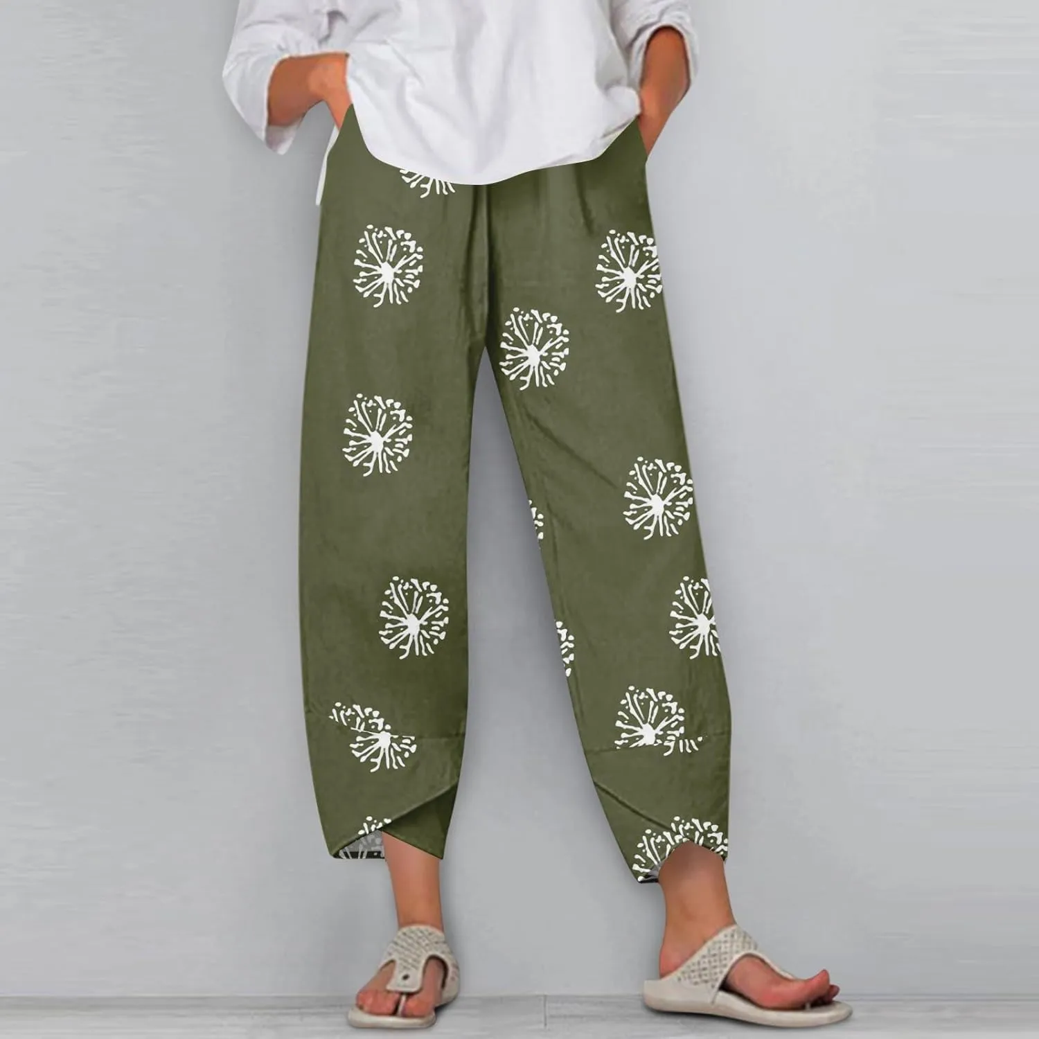 Cotton Linen Pants Women Petite Boho Summer Casual Baggy Beach Capris Lounge Lightweight Loose Fit Harem Trousers
