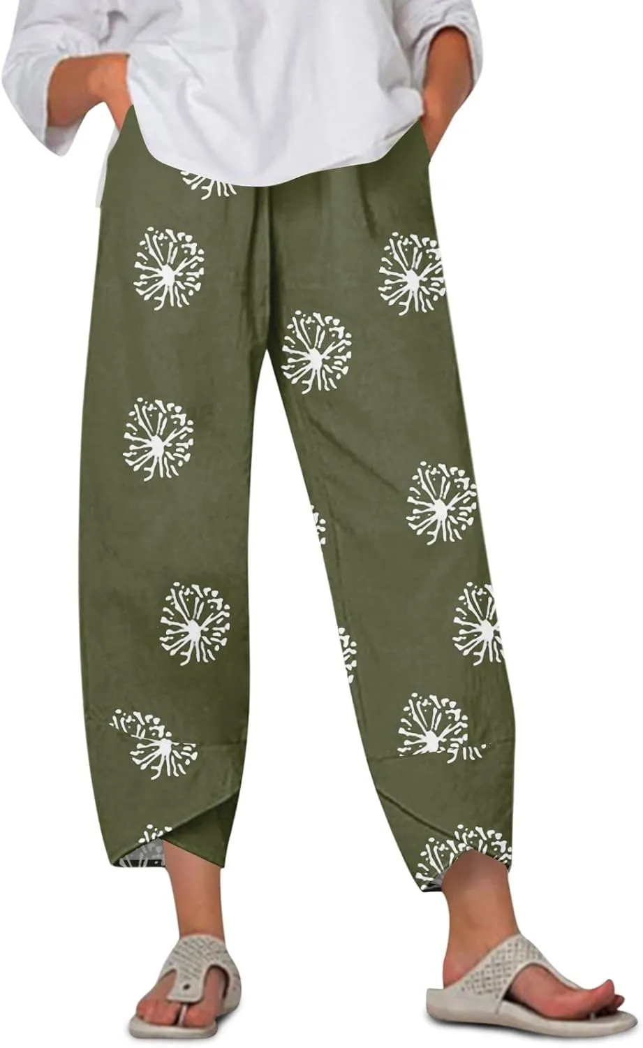 Cotton Linen Pants Women Petite Boho Summer Casual Baggy Beach Capris Lounge Lightweight Loose Fit Harem Trousers