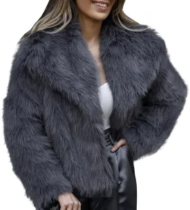COZYPOIN Womens Faux Fur Jacket Fluffy Fur Cropped Coat Long Sleeve Open Front Fur Cape