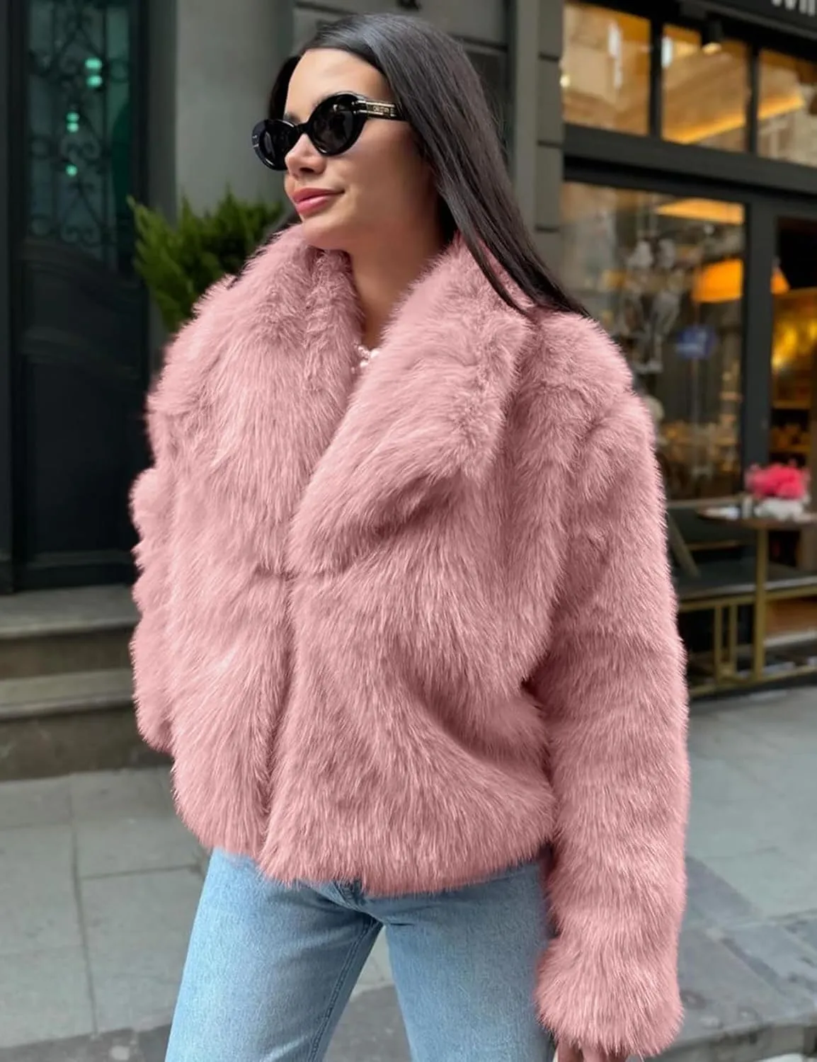 COZYPOIN Womens Faux Fur Jacket Fluffy Fur Cropped Coat Long Sleeve Open Front Fur Cape