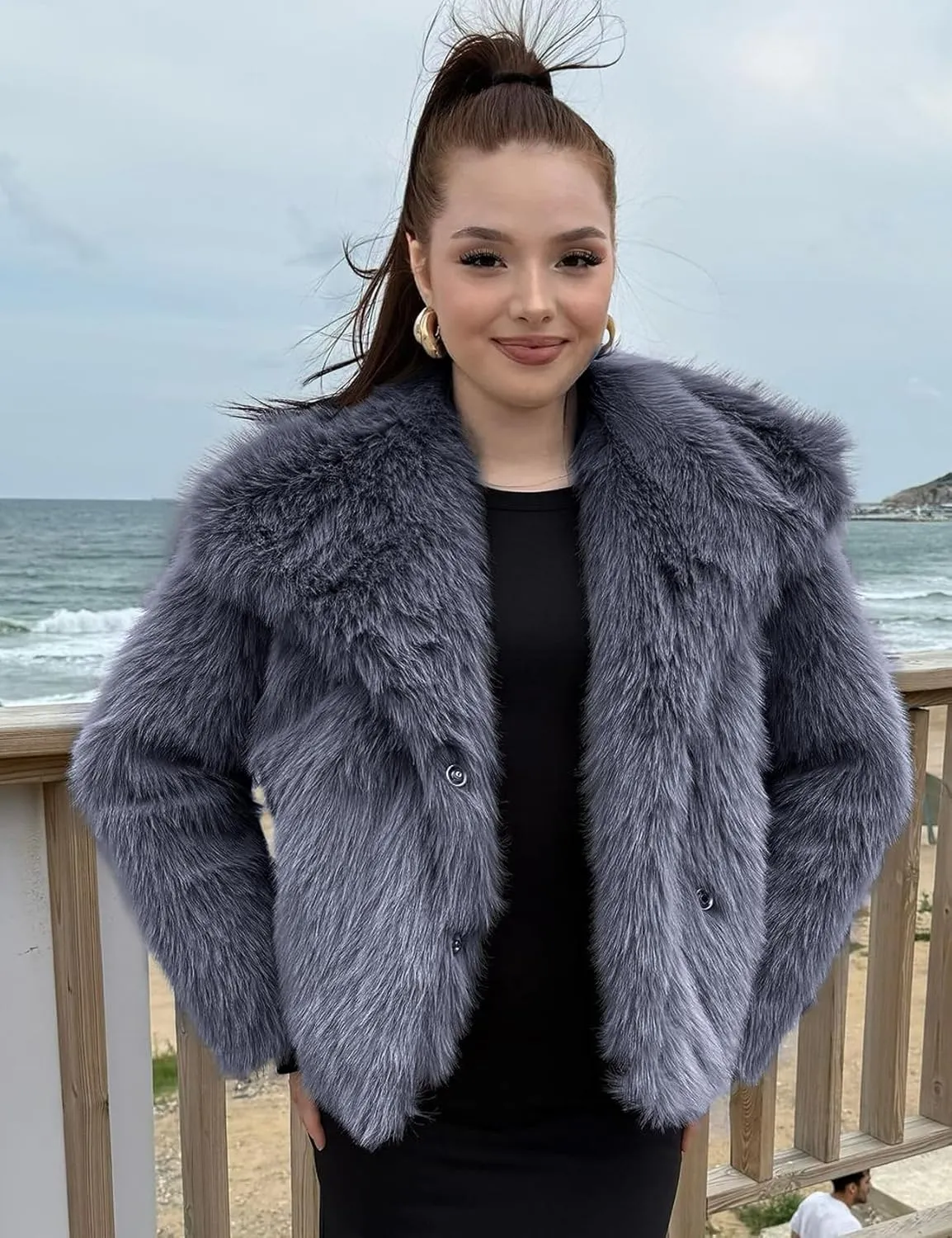 COZYPOIN Womens Faux Fur Jacket Fluffy Fur Cropped Coat Long Sleeve Open Front Fur Cape