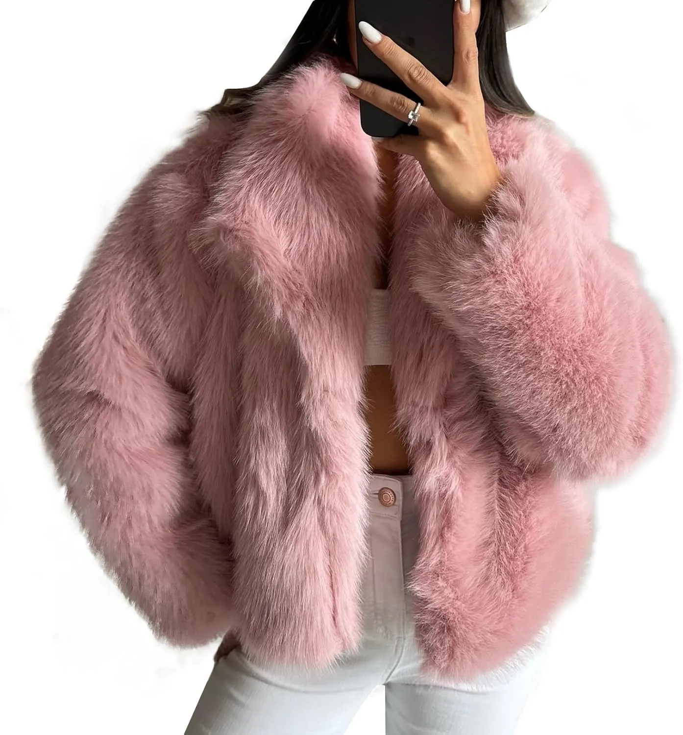 COZYPOIN Womens Faux Fur Jacket Fluffy Fur Cropped Coat Long Sleeve Open Front Fur Cape
