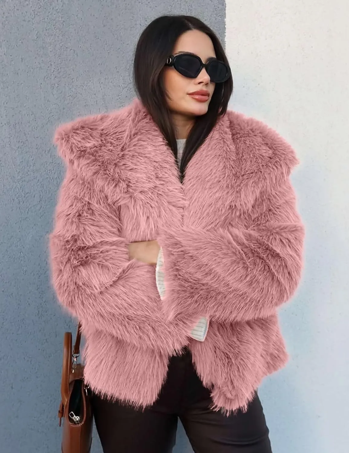 COZYPOIN Womens Faux Fur Jacket Fluffy Fur Cropped Coat Long Sleeve Open Front Fur Cape