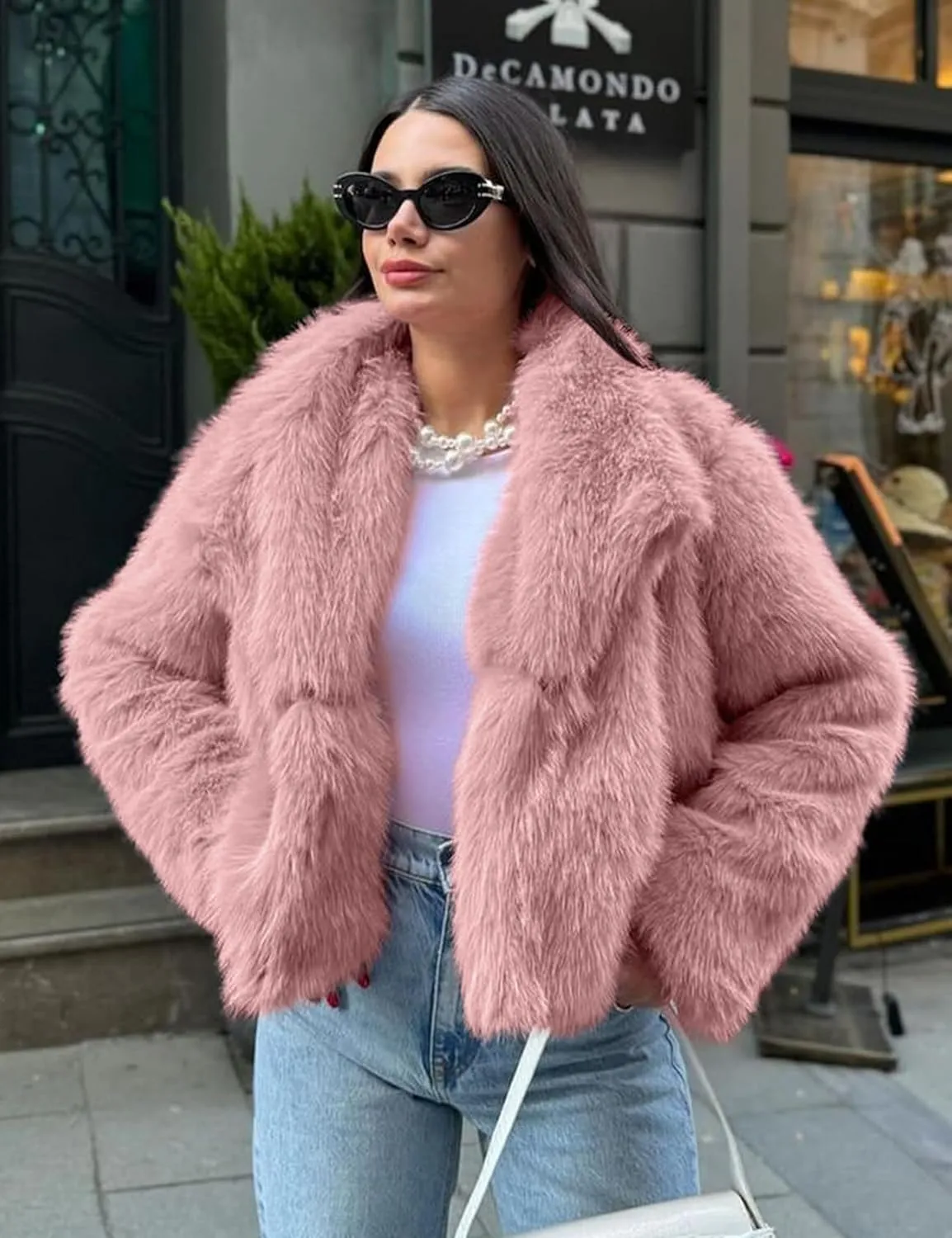 COZYPOIN Womens Faux Fur Jacket Fluffy Fur Cropped Coat Long Sleeve Open Front Fur Cape