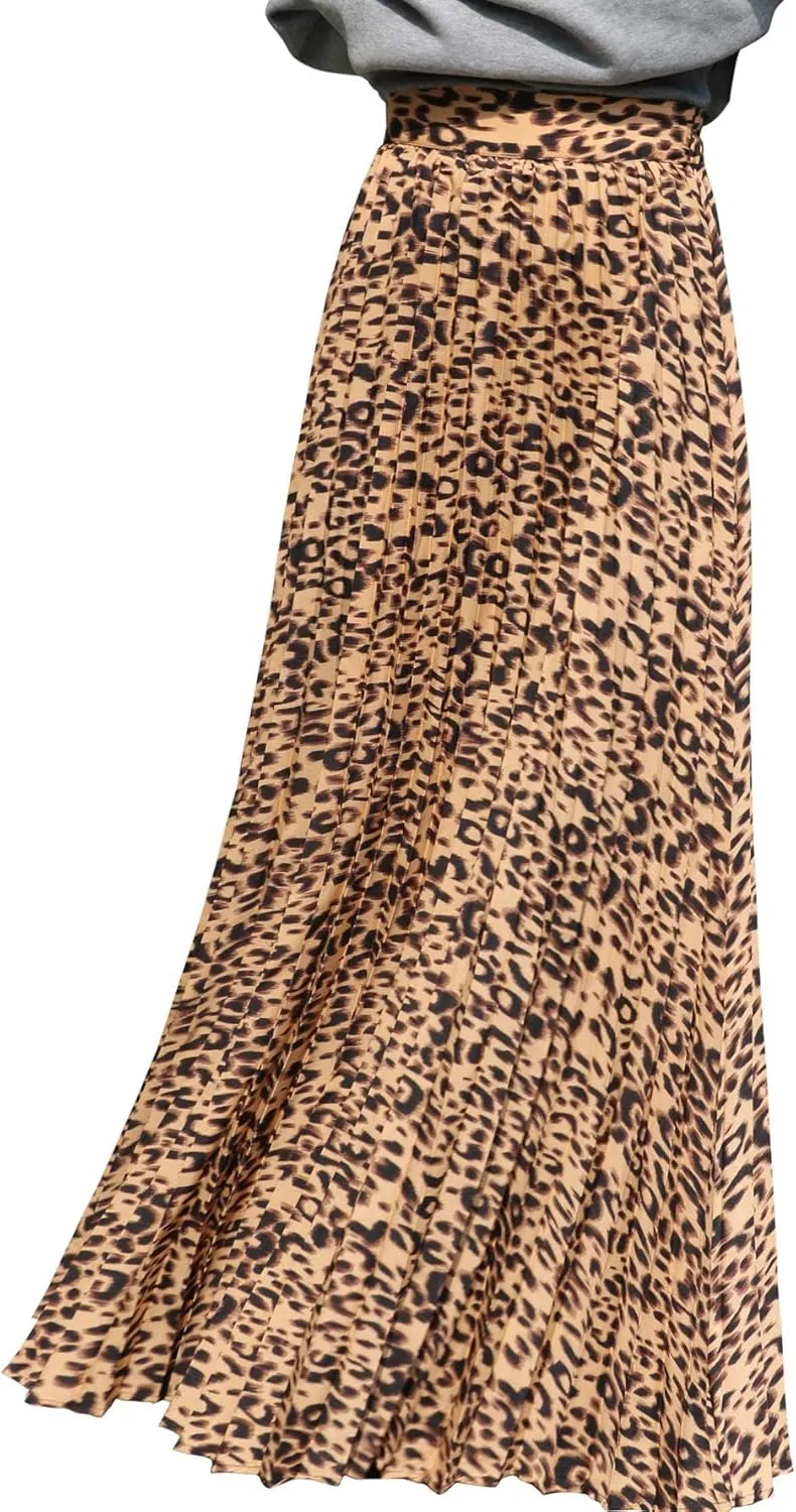 ebossy Women's High Waist Flowy Pleated Chiffon Maxi Skirt