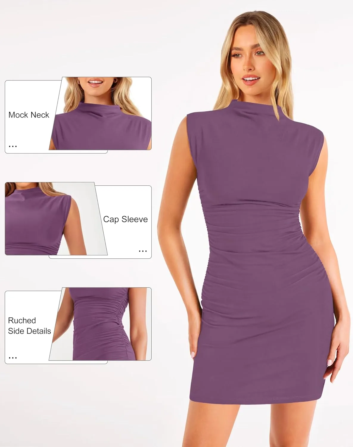 Ellakoko 2025 Women Summer Mini Dress Bodycon Ruched Mock Neck Sleeveless Work Formal Cocktail Party Wedding Guest Dress