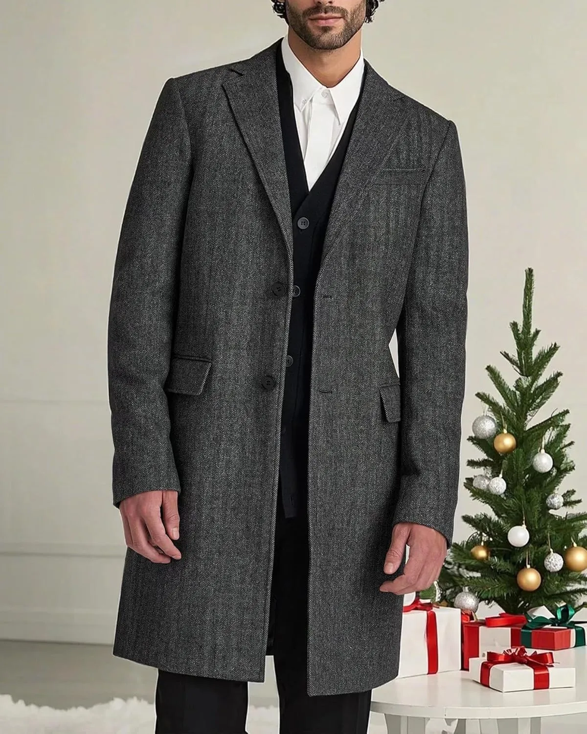 EMERAIDVLN Mens Trench Coat Wool Blend Pea Coat Winter Long Trench Overcoat Notched Lapel Classic Business Pea Top Coat