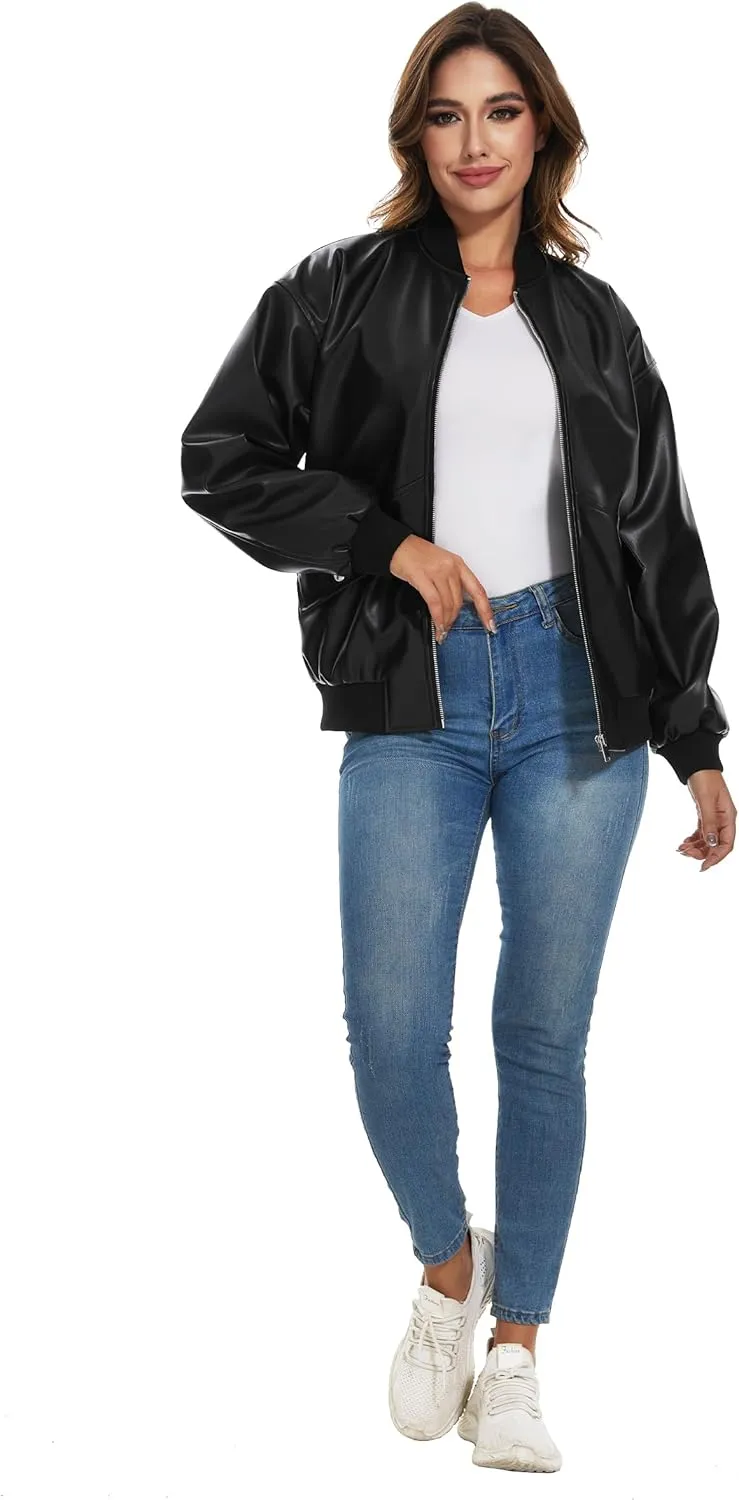 Fahsyee Women's Leather Jackets, Faux Motorcycle Biker Coat Short Lightweight Vegan