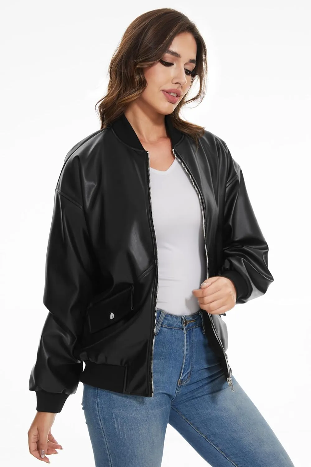 Fahsyee Women's Leather Jackets, Faux Motorcycle Biker Coat Short Lightweight Vegan